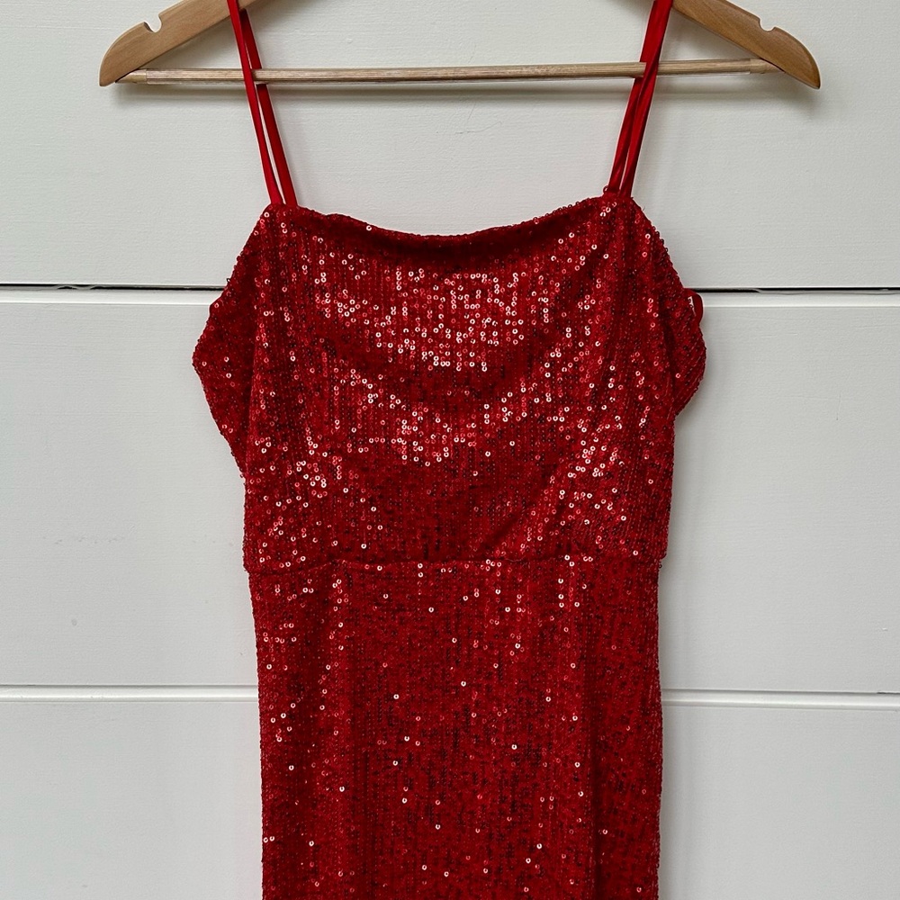 Red Sequin Spaghetti-Strap Prom Dress